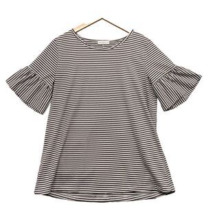 Tickled Teal Blouse Woman’s Sz L Dark Gray & White Striped Short Ruffle Sleeves